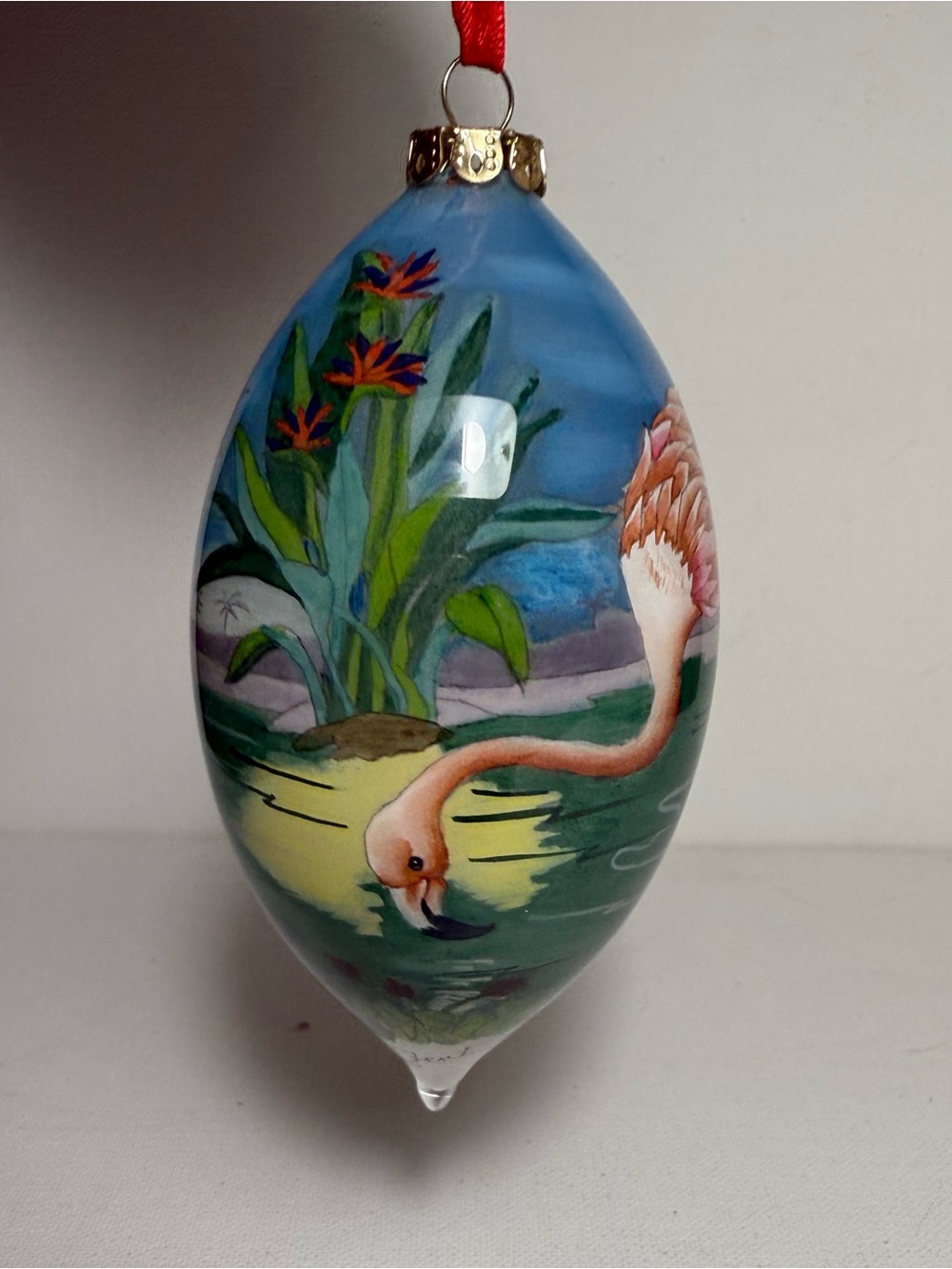 Vintage Pink Flamingo Reverse Painting Glass Ornament Paul Bent Design Florida